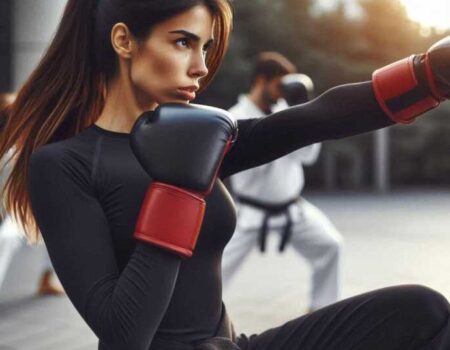 Martial artist practicing punches and kicks outdoors.