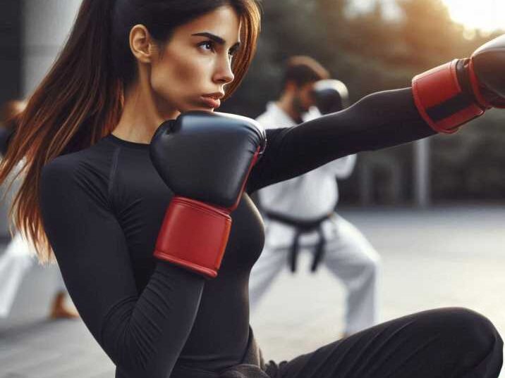 Martial artist practicing punches and kicks outdoors.