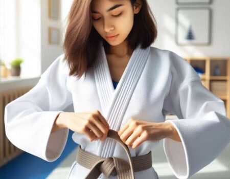 Child learning how to tie a Brazilian Jiu Jitsu belt