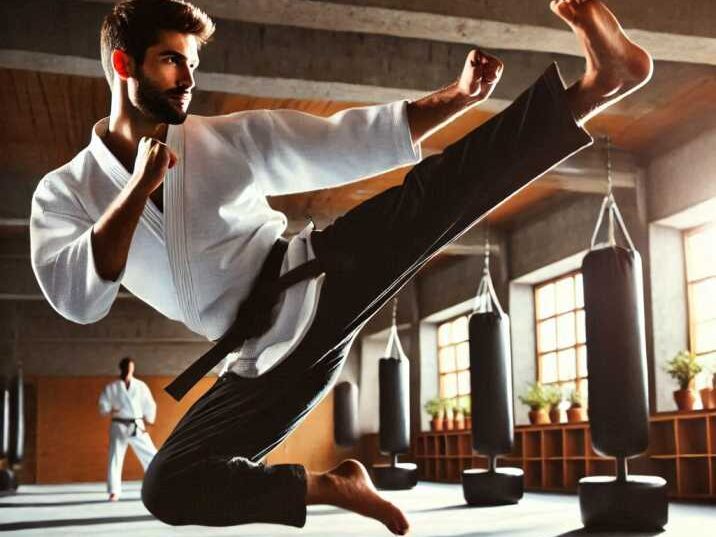 A martial artist performing a high kick in a dojo showing Physical Benefits of Martial Arts