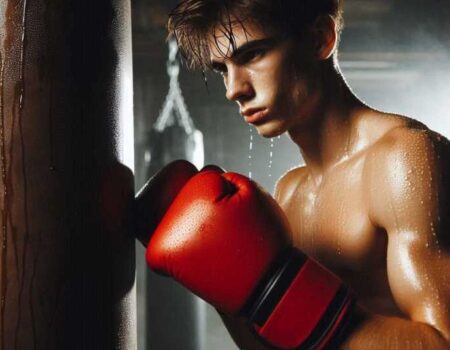 Young boxer practicing punches in a gym