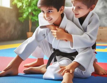 Two kids practicing Brazilian Jiu-Jitsu on mats