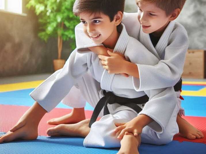 Two kids practicing Brazilian Jiu-Jitsu on mats