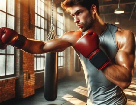 A boxer throwing a powerful punch during training.