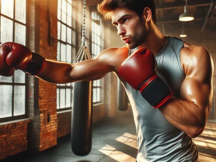 A boxer throwing a powerful punch during training.