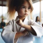 A child practicing martial arts with a focused expression.