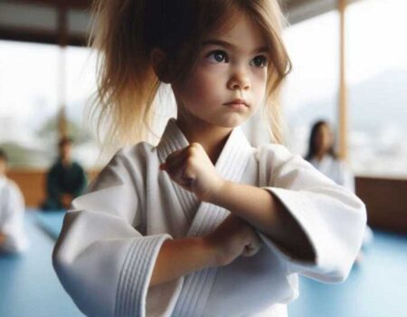 A child practicing martial arts with a focused expression.