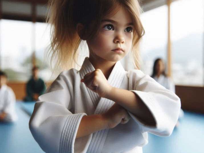 A child practicing martial arts with a focused expression.