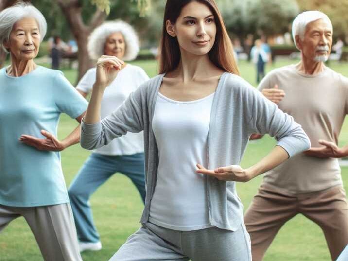 A group of adults practising tai chi as showing Health Benefits of Martial Arts