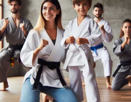 Children and adults practicing martial arts in a studio