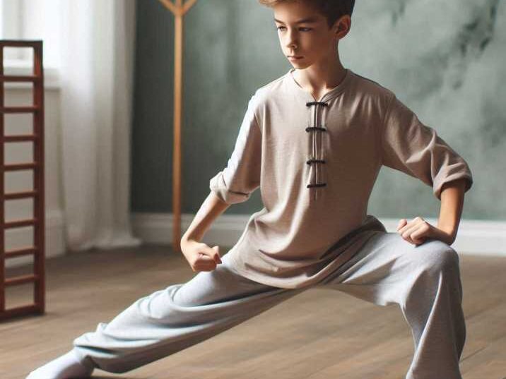 A young boy practicing the horse stance during a session of Tai Chi for Beginners