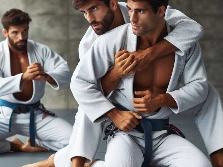 Brazilian Jiu-Jitsu students practicing a guard position.