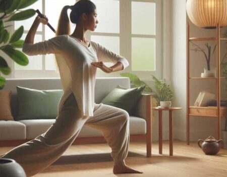 Tai chi Exercises at home near a window for a calming experience.