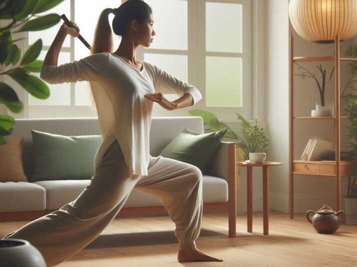 Tai chi Exercises at home near a window for a calming experience.