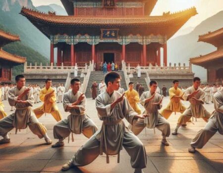 Shaolin Temple with Kung Fu practitioners.