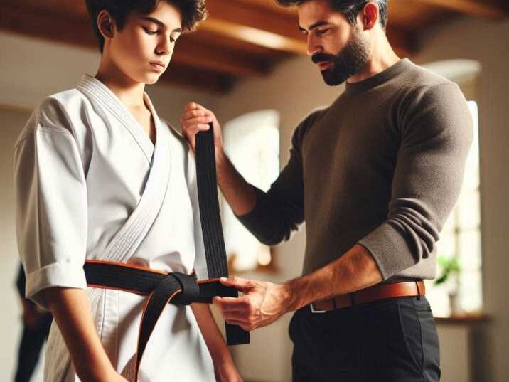 A young martial artist receiving a belt from their instructor.