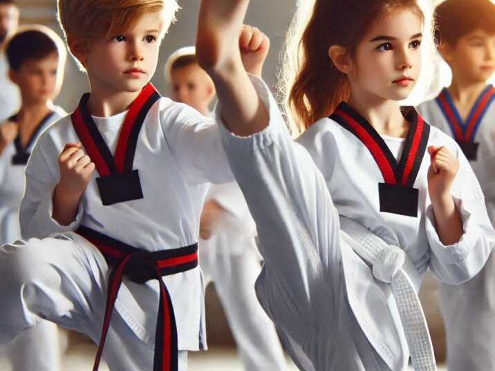 Kids practicing Taekwondo kicks during a class.