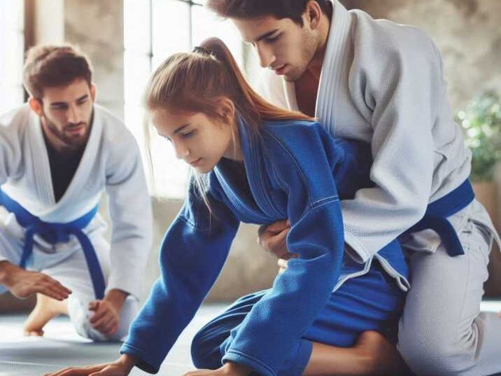 Young students practicing Brazilian Jiu-Jitsu on a mat.