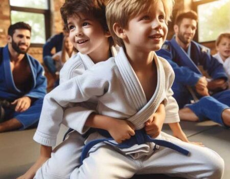 Kids practicing Brazilian Jiu Jitsu in a class.