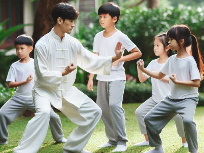 Kids practicing tai chi outdoors to improve focus