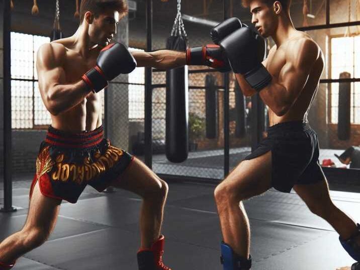 Muay Thai Boxing by fighters sparring in a gym