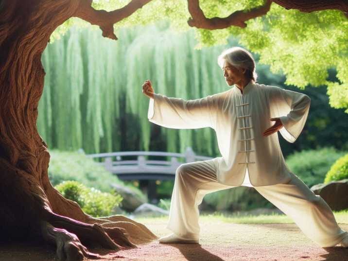 Tai Chi practitioner practicing under a tree in a park.