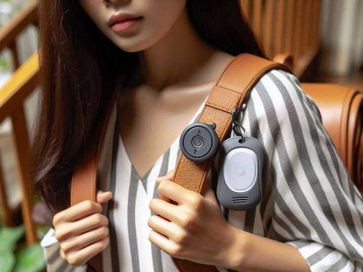 Personal alarm device attached to a woman’s backpack.