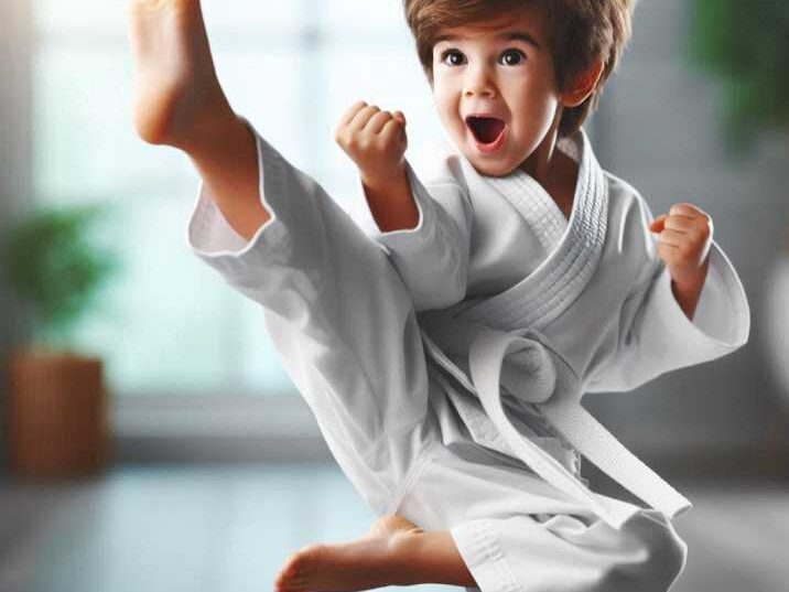 Child wearing a Karate Gi practicing high kicks.