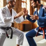 Adults sparring in Brazilian Jiu-Jitsu with Gi uniforms.