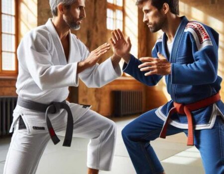 Adults sparring in Brazilian Jiu-Jitsu with Gi uniforms.