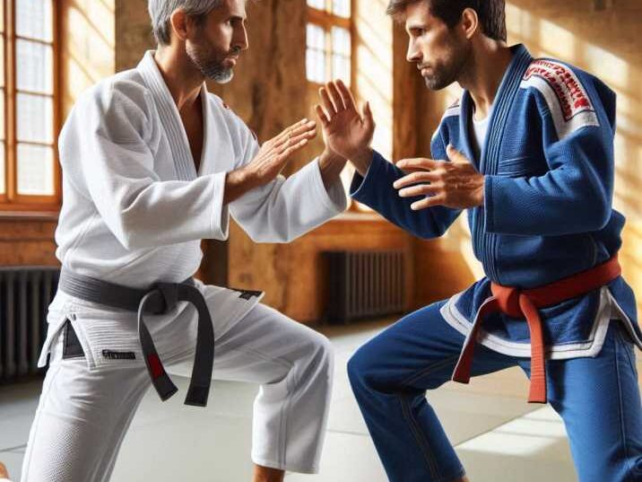 Adults sparring in Brazilian Jiu-Jitsu with Gi uniforms.