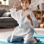 Child practicing martial arts in a dojo