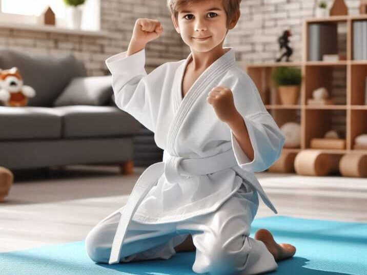 Child practicing martial arts in a dojo