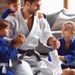 A young boy with ADHD practicing martial arts kicks in a bright, open studio