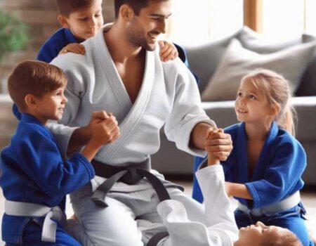 A young boy with ADHD practicing martial arts kicks in a bright, open studio