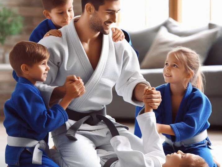 A young boy with ADHD practicing martial arts kicks in a bright, open studio