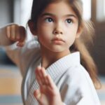 Girl practicing karate in a dojo