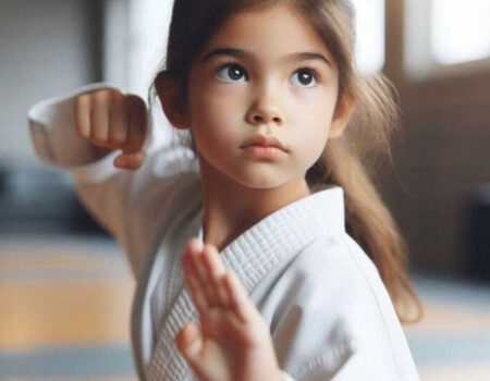 Girl practicing karate in a dojo