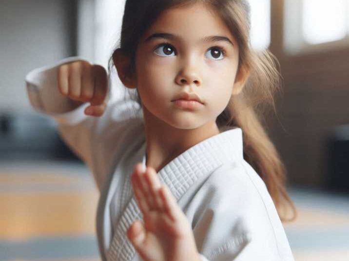 Girl practicing karate in a dojo