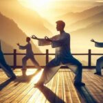 People practicing Tai Chi in a park during sunrise.