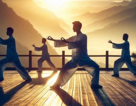 People practicing Tai Chi in a park during sunrise.