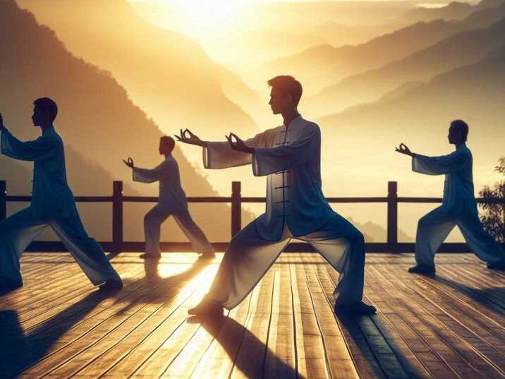 People practicing Tai Chi in a park during sunrise.