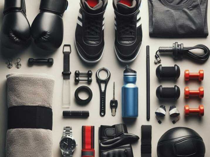 A neatly arranged set of kickboxing gear, including gloves, shin guards, and hand wraps.