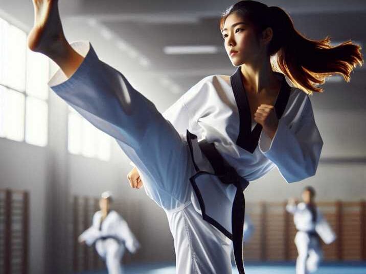 A Taekwondo athlete performing a high kick with precision.