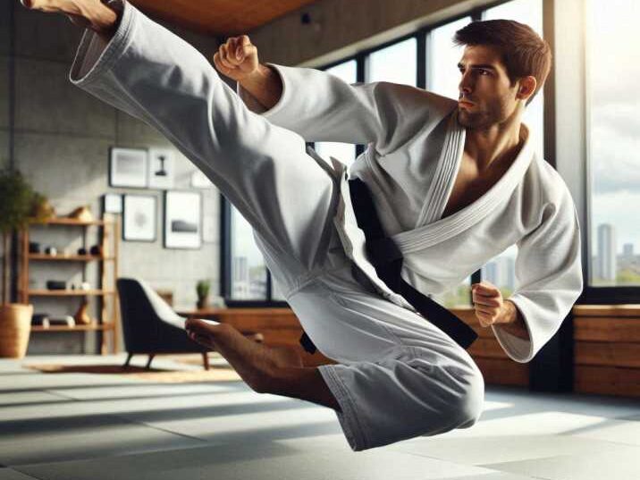 A judo practitioner performing a hip throw during training.