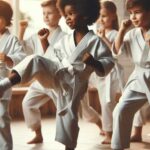 A group of kids in karate uniforms practicing kicks and punches.