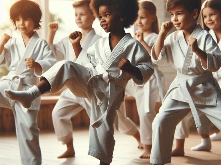 A group of kids in karate uniforms practicing kicks and punches.