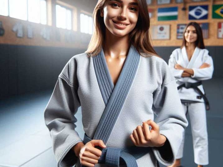 A young student proudly wearing a grey belt in Jiu Jitsu