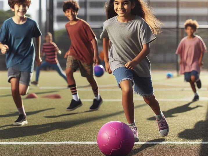 Kids playing and followingg Rules of Kickball on a school field