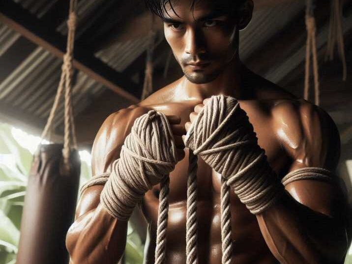 Traditional Muay Thai fighters wear ropes (Kaad Chuek) on hands